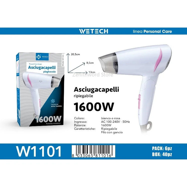 1600W Foldable Travel Hair Dryer 100‑240V Dual Voltage Portable Compact Blow Dryer With Cold Air Function For Household Travel Hotel Use