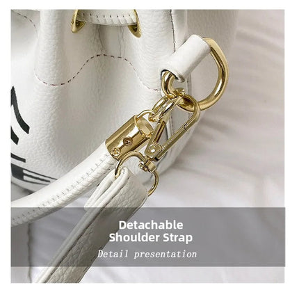 Spring New Fashion Letter PU Leather Bucket Bag Women Simple City Style Shoulder Handbag Trendy Crossbody Satchel Handbag PlatiNum