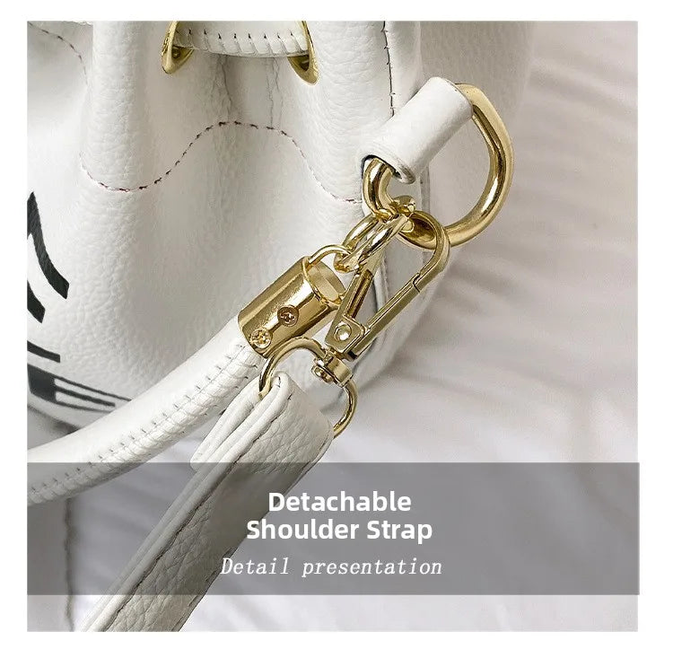 Spring New Fashion Letter PU Leather Bucket Bag Women Simple City Style Shoulder Handbag Trendy Crossbody Satchel Handbag PlatiNum