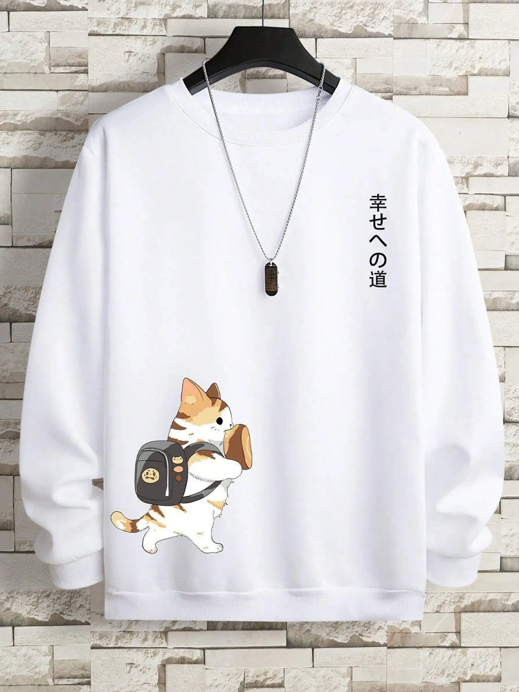 Street Casual Women/Men Pullover Kawaii Cartoons Cat Printing Sweatshirt Warm Soft Hoodies Loose Crewneck Fleece Female Clothing