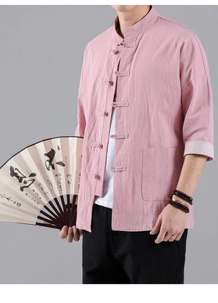 Camicie in Stile Cinese per Uomo, Top Tradizionale Tang in Lino a Mezza Manica, Camicia Kung Fu Hanfu Vintage Casual, Taglie Grandi fino a 5XL