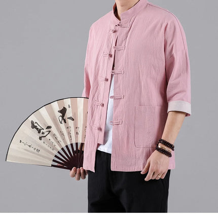 Camicie in Stile Cinese per Uomo, Top Tradizionale Tang in Lino a Mezza Manica, Camicia Kung Fu Hanfu Vintage Casual, Taglie Grandi fino a 5XL
