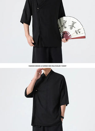 Camicie Estive 2026 da Uomo, Stile Cinese Retrò Tradizionale in Lino Traspirante, Abbigliamento Maschile per Kung Fu e Tai Chi, Bluse Casual Stile Tang