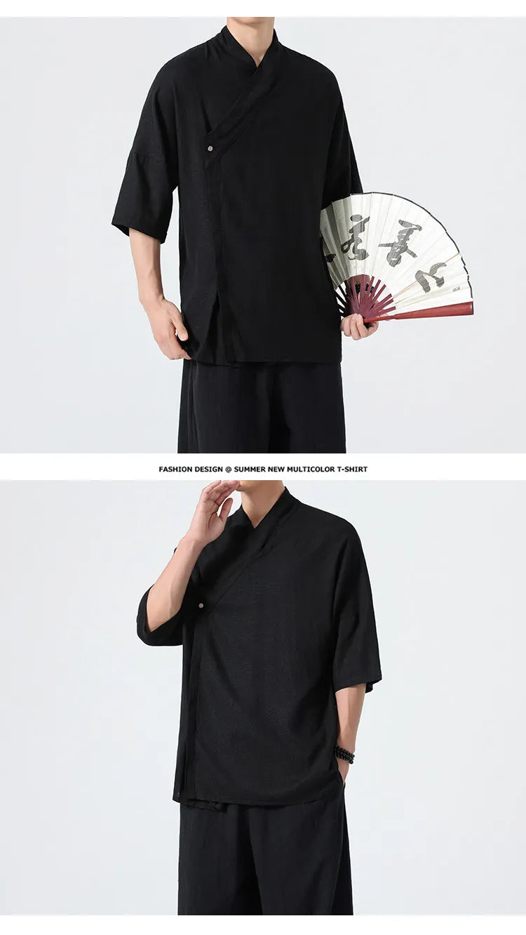 Camicie Estive 2026 da Uomo, Stile Cinese Retrò Tradizionale in Lino Traspirante, Abbigliamento Maschile per Kung Fu e Tai Chi, Bluse Casual Stile Tang