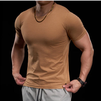 Men's gym fitness workout clothing slim fit short sleeve breathable high elasticity sports T-shirt, running sports