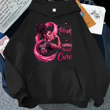 Breast Cancer Design Hoodies Black Woman Pink Ribbon Awareness Graphic Hooded Sweatshirts in October We Wear Pink Tracksuits