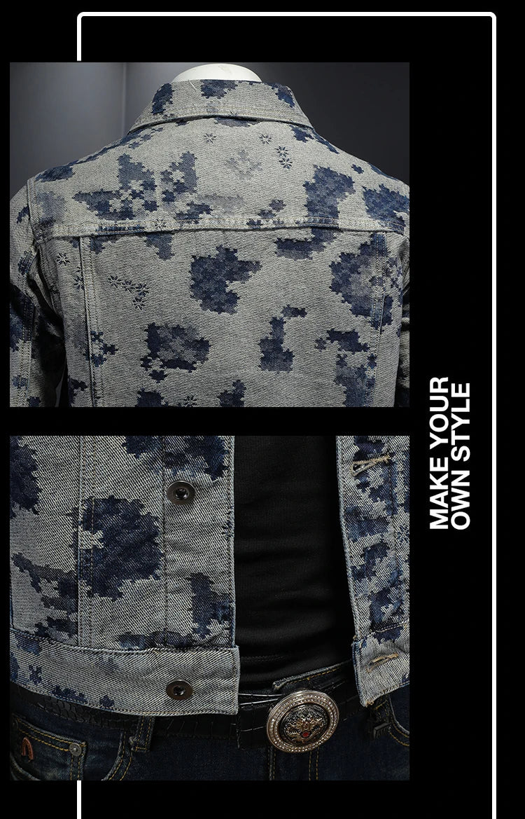 Brand Retro Denim Jacket for Men 2025 Spring Fashion Jacquard Casual Denim Jackets Social Hip-hop Streetwear Cowboy Coats