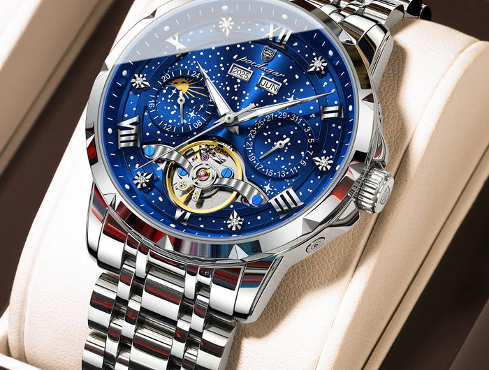 POEDAGAR Top Orologio da uomo originale Orologio meccanico automatico da uomo in acciaio inossidabile Calendario Hollow Tourbillon Orologio da uomo Maschio + scatola platinumshop