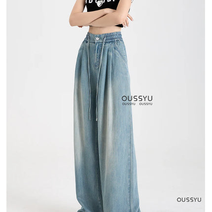 Estate di Lusso Morbido Accogliente 100% Tessuto Lyocell Donna Jeans Allentati Gamba Larga Elastico in Vita Pantaloni Moda Casual Più Lunghezza