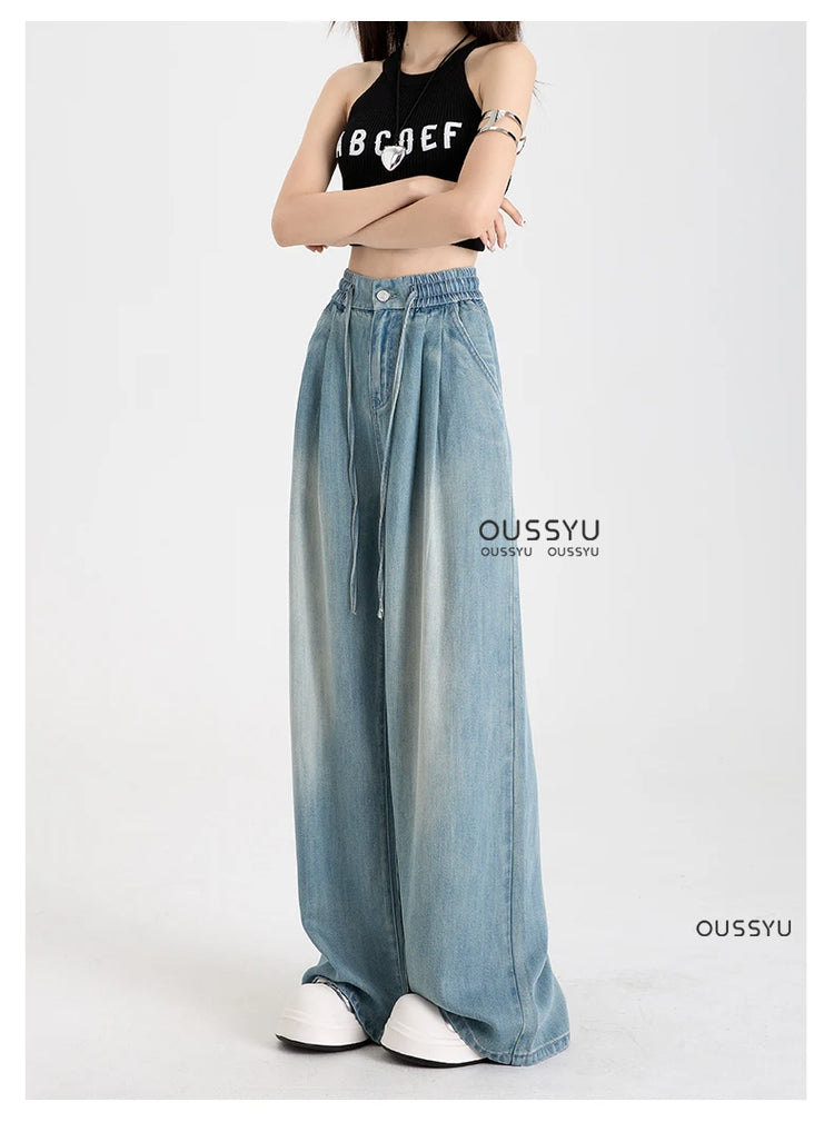 Estate di Lusso Morbido Accogliente 100% Tessuto Lyocell Donna Jeans Allentati Gamba Larga Elastico in Vita Pantaloni Moda Casual Più Lunghezza