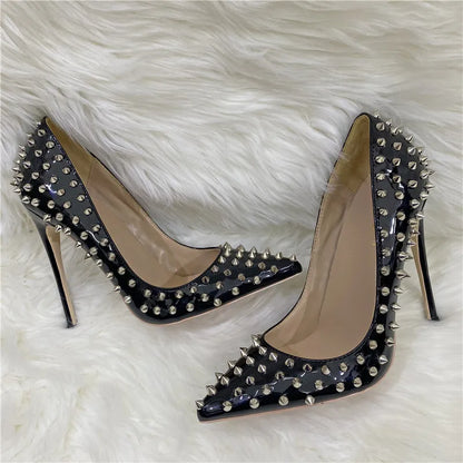 Super Thin Heel 8 10 12CM Sexy All Spikes Rivets Women Pumps Pointed Toe Super High Heels Party Nightclub Fashion Shoes Size 46