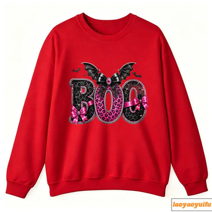 Boo Pink Leopard Print Bow Bat Wings Glitter Graphic Print Pullover Long Sleeve Casual Loose Streetwear Fashion Sweatshirts Tops