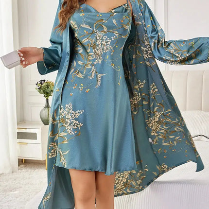 ‌   Set di indumenti da notte floreali in raso di seta, abito con cintura, canotta, camicia da notte, indumenti da notte eleganti in due pezzi, per tutte le stagioni platinumshop