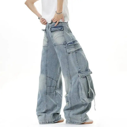 IEFB Jeans da uomo stile americano tinta unita multi tasche pantaloni casual usurati decostruzione pantaloni in denim a gamba larga 9W4066
