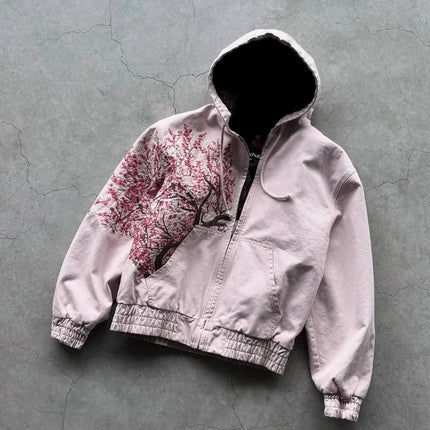 Harajuku American Retro Sakura Embroidery Pink Hoodie Y2K Jacket Men Women Oversized Gothic Streetwear Casual Fashion Outerwear