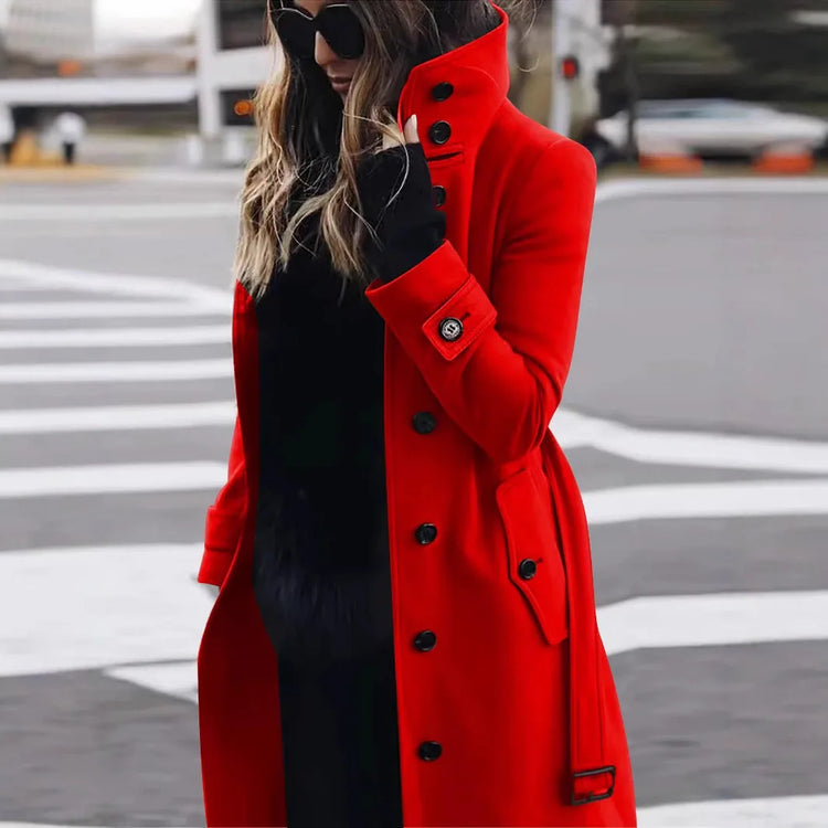 New Solid Color Button Long Wool Coat Autumn Warm Stand Collar Women Coat Fashion Ladies High Neck Pocket Belt Trench Coat
