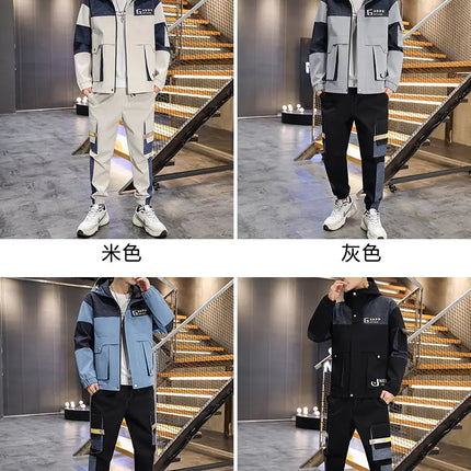 Men's Casual Sports Sets Spring Autumn Tracksuit Jogging Set Patchwork flight Hooded jacket pants two Piece