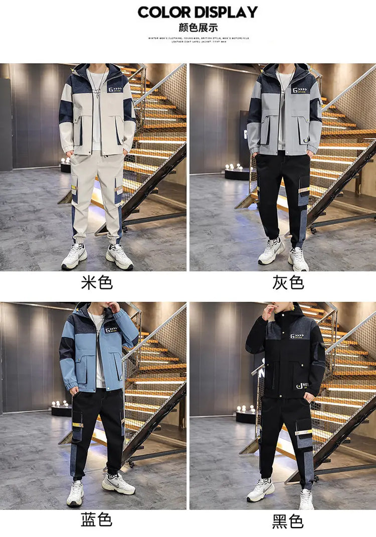 Men's Casual Sports Sets Spring Autumn Tracksuit Jogging Set Patchwork flight Hooded jacket pants two Piece