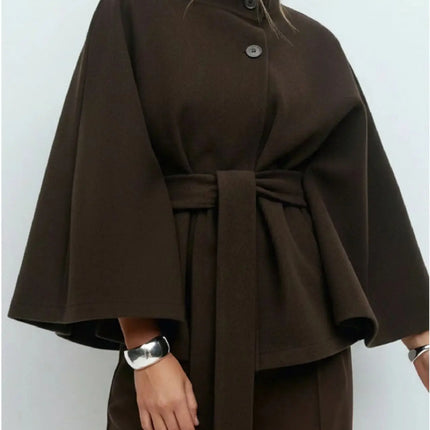 Women's Cape Coat Elegant Stand Collar Belted Solid Color Button Down Autumn Winter Jacket