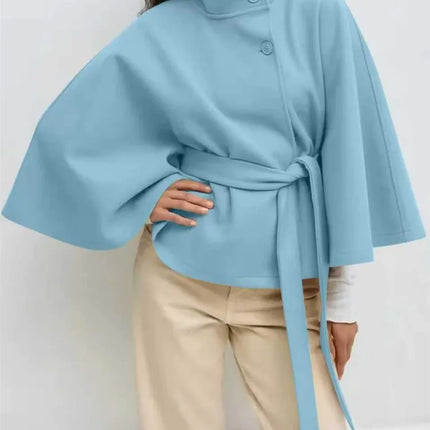 Autumn And Winter New Fashion Solid Color Cloak Stand-up Collar Button Belt Windbreaker Jacket Women's Temperament Commuting Top