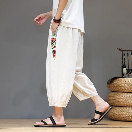 Pantaloncini estivi da uomo Pantaloni casual traspiranti in cotone Pantaloni larghi tradizionali retrò streetwear al polpaccio Pantaloncini comodi da uomo