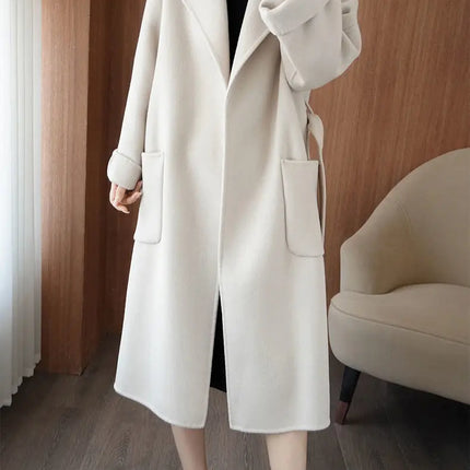 100% Wool Coat Women's Wear 2026 Autumn/Winter Fashion Temperament Double sided Cashmere Coats with Belt Elegant Long Overcoat