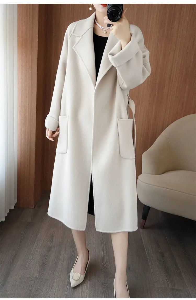 100% Wool Coat Women's Wear 2026 Autumn/Winter Fashion Temperament Double sided Cashmere Coats with Belt Elegant Long Overcoat
