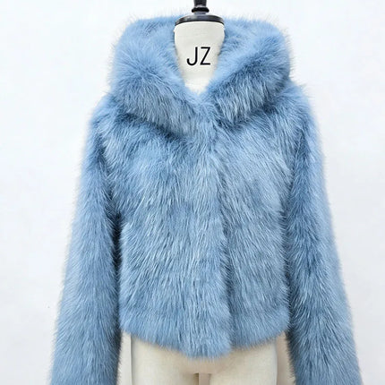 BKQU Winter Pink Imitation Fur Coat Elegant Big Fur Trim Hood Women's Jacket Warm Plush Cropped Sweet Lady Faux Fur Coat  2026