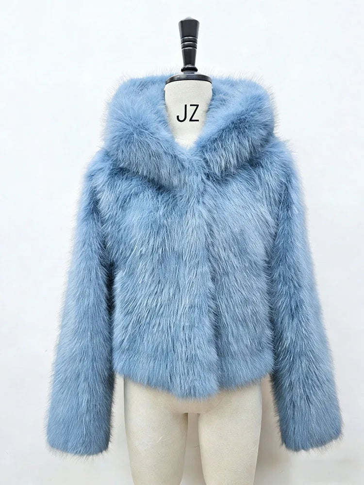 BKQU Winter Pink Imitation Fur Coat Elegant Big Fur Trim Hood Women's Jacket Warm Plush Cropped Sweet Lady Faux Fur Coat  2026