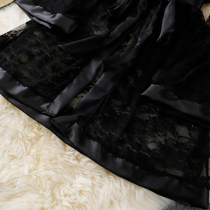 Vestido de talla grande de encaje negro con ribetes de satén: lazo en la cintura, tejido transparente para un elegante y sexy atuendo de estar en casa.seksi iç çama beheları kadın