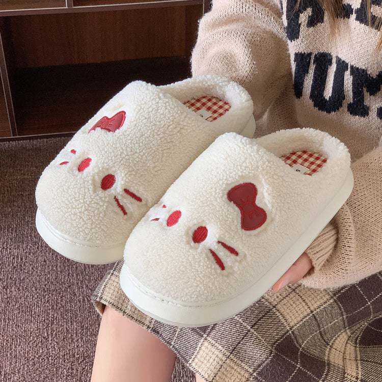 Cute Cat Winter Warm Slippers Women Men Fluffy Plush Home Shoes Red Bowknot Plaid Lining Indoor Bedroom Cotton Slides Mules New