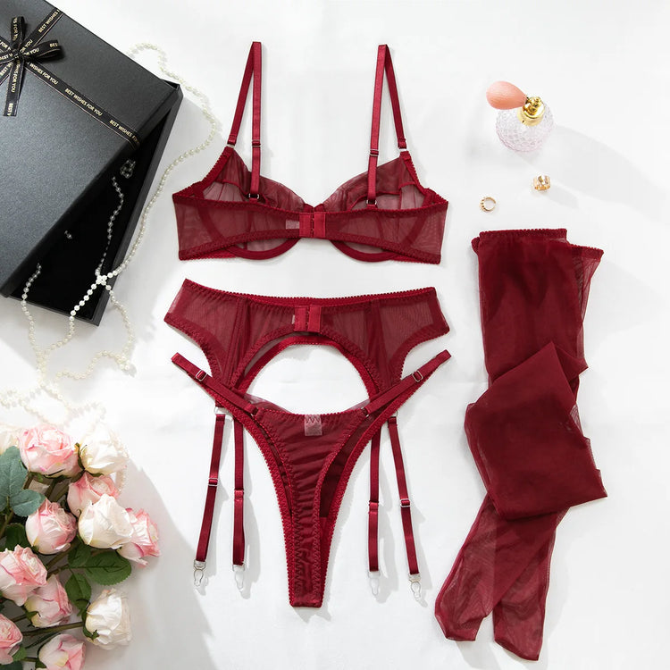Luxury Dark Style 4Pcs Women's Lingerie Set Push-up Underwire Bra Garter Belt Thong Panty Stocking Erotic Intimate Outfits