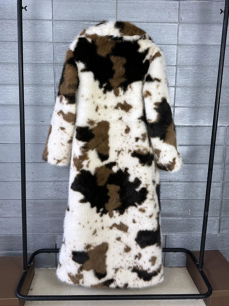 ZADORIN 130cm Long Thicken Lapel Cow Print White Brown Faux Fur Coat Woman Clothing Luxury Fluffy Jacket Winter Fur Coats Woman