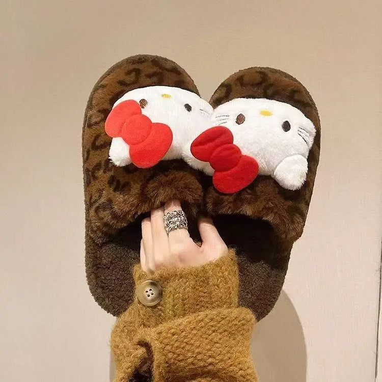 Women Cute Cartoon Cat Leopard Print Plush Slippers Warm Fuzzy Non-Slip Soft Sole Winter Indoor Bedroom Cozy House Home Shoes