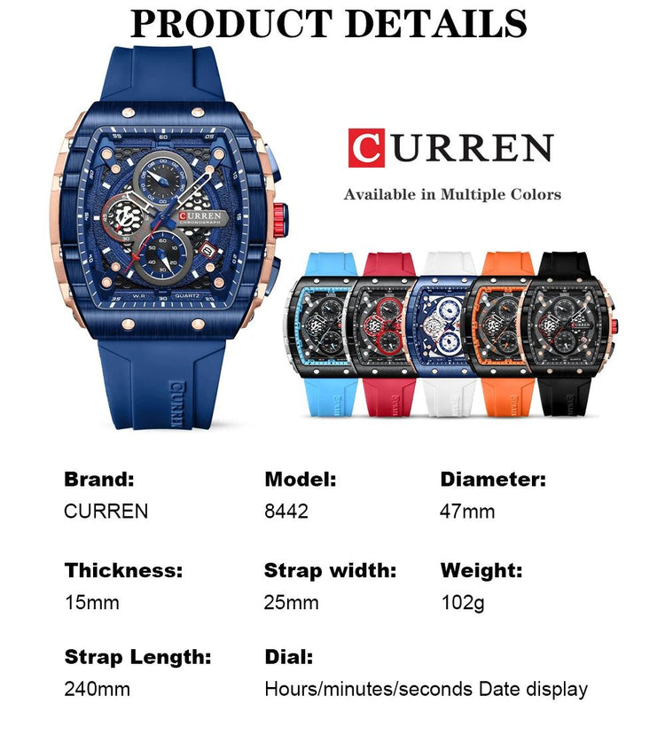 CURREN Orologio da uomo alla moda, marchio unico, design quadrato, lusso, nastro sportivo al quarzo, orologi da uomo impermeabili platinumshop
