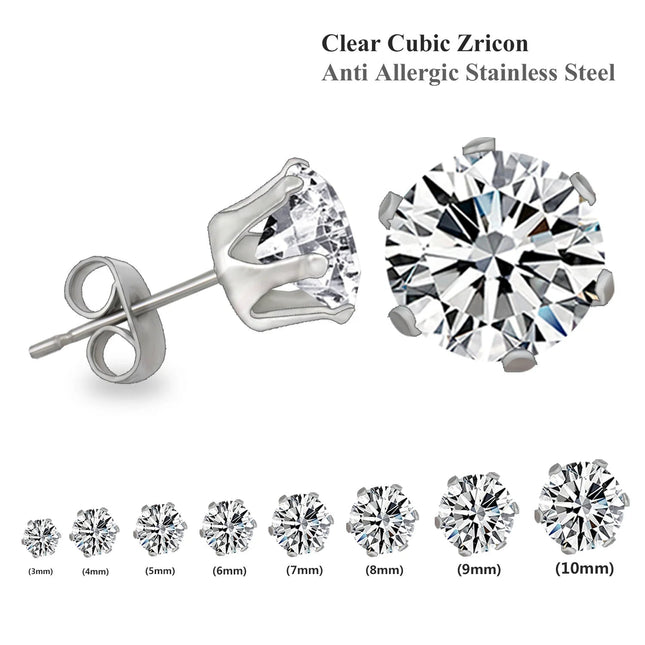 LUXUSTEEL 10 paia/set 3-10mm Orecchini in cristallo bianco trasparente per donna uomo Acciaio inossidabile Zircone CZ Piercing all'orecchio all'ingrosso platinumshop