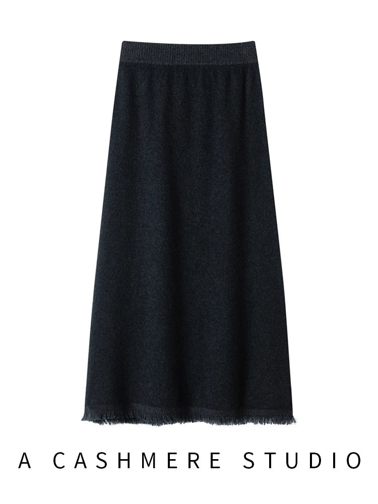Women Cashmere A-Line Tassel Skirt High Waist Office Lady Retro Autumn Winter 100% Cashmere Knitwear Graceful Regular Fit Dress PlatiNum
