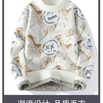 Autumn Winter Graffiti Men's New Sweater 2025 High Quality Men's Brand Hoodie Warm Knitted Tops High Street Trendy Bottom Shirt