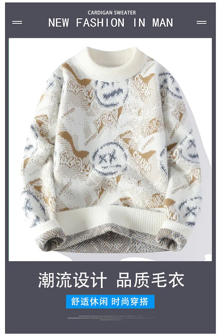 Autumn Winter Graffiti Men's New Sweater 2025 High Quality Men's Brand Hoodie Warm Knitted Tops High Street Trendy Bottom Shirt