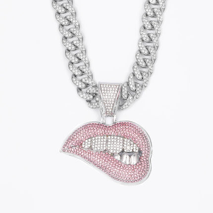 Collana con ciondolo a forma di labbro per morso hip-hop da donna per uomo con catena cubana in cristallo da 13 mm Collane hip-hop ghiacciate Bling Gioielli di moda PlatiNum