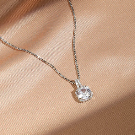ZAKOL Simple Geometric Crystal White Zircon Pendant Necklace For Women Silver-Color Wedding Party Jewelry Gift With Box PlatiNum