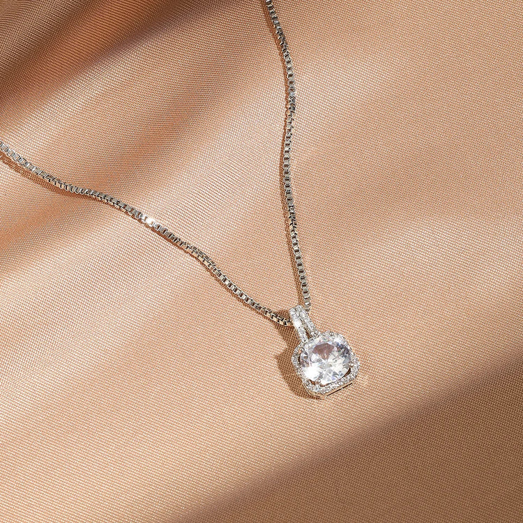 ZAKOL Simple Geometric Crystal White Zircon Pendant Necklace For Women Silver-Color Wedding Party Jewelry Gift With Box PlatiNum