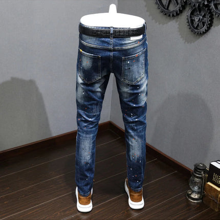 Fashion Designer Men Jeans Retro Blue Stretch Slim Fit Painted Ripped Jeans Men Korean Style Vintage Casual Denim Pants Hombre PlatiNum