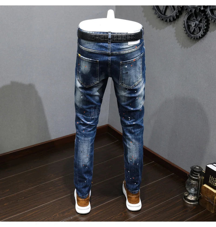 Fashion Designer Men Jeans Retro Blue Stretch Slim Fit Painted Ripped Jeans Men Korean Style Vintage Casual Denim Pants Hombre PlatiNum