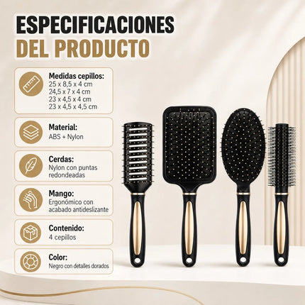 Set of 4 Professional Hairbrushes for Detangling and Styling, Set of Pneumatic and Skeleton Brushes for Straight, Curly or Wavy Hair, Black with Gold