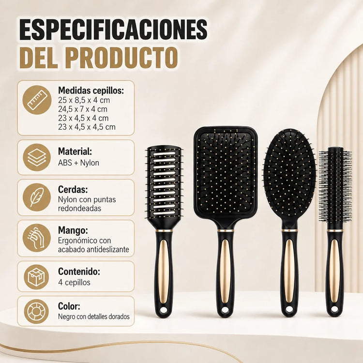 Set of 4 Professional Hairbrushes for Detangling and Styling, Set of Pneumatic and Skeleton Brushes for Straight, Curly or Wavy Hair, Black with Gold