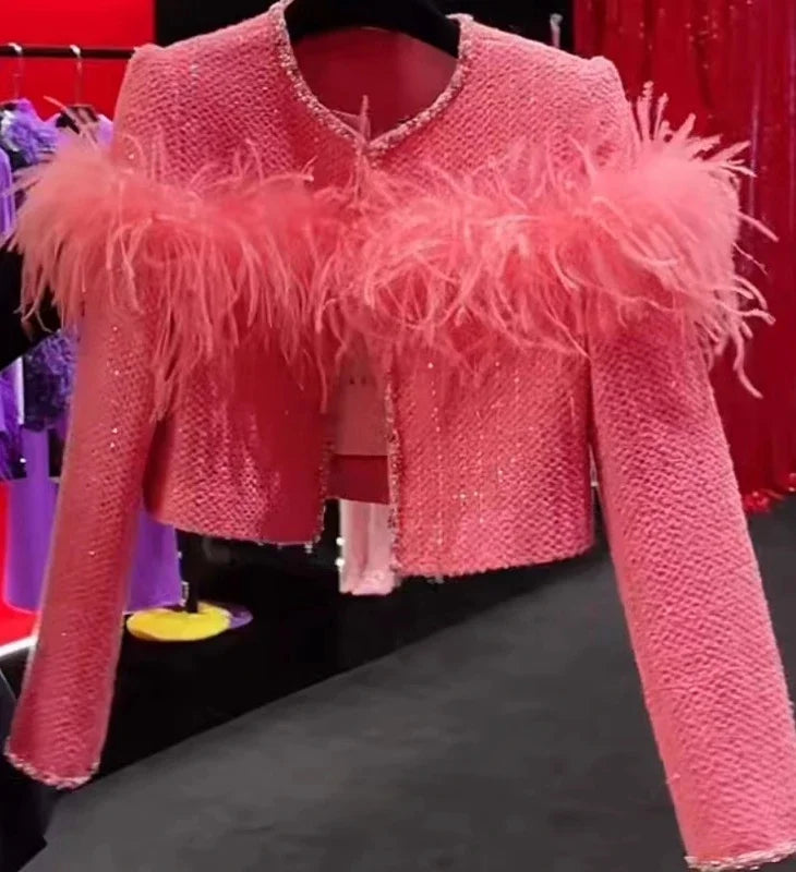 2024 Autumn Winter New Jackets Feminine Small Fragrant Short Coats Women's Feather Splicing Long Sleeve Solid Color Short Tops