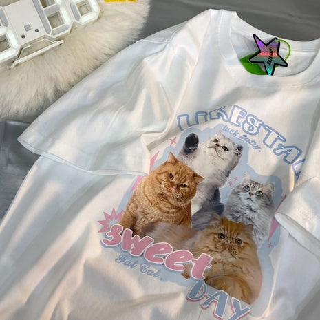 T-shirt da donna super carina gatto manica corta ampia camicia dolce taglie forti abbigliamento da donna girocollo coreano top multicolore