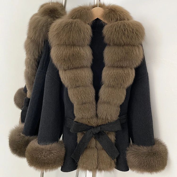 Real Fur Wool Jacket Fashion Reality Fur Jacket Women Natural Fox Fur Cuffs Winter Clothing Female Elegant with Belt Woolen Coat