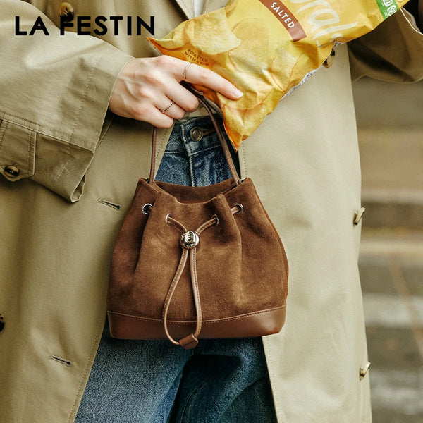 LA FESTIN Original New Women Bag Luxury Suede Bag Leather Handbag Winter Bags Fashion Shoulder Bag Bucket Bag Crossbody Bag